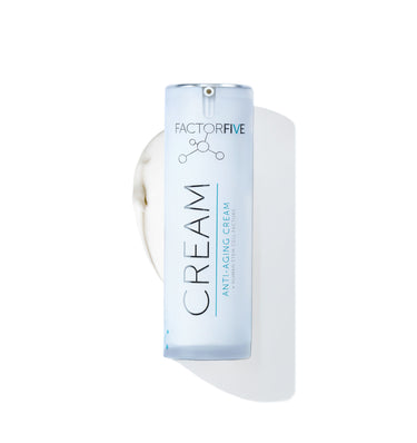 A bottle of FACTORFIVE Anti-Aging Cream with a white and blue label, indicating it is a skin care product designed to improve signs of aging.