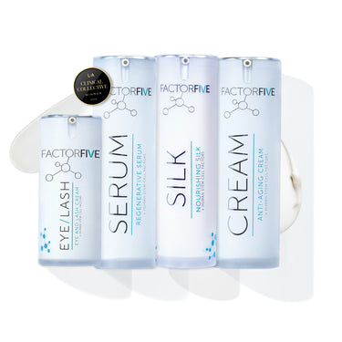 FACTORFIVE Advanced Firming & Brightening Kit including Eye Lash, Serum, Silk, and Cream on a white background.