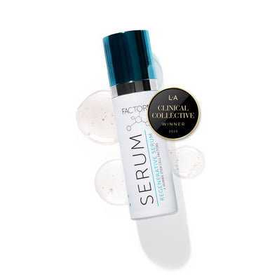 regenerative serum bottle with droplets of serum on a white background, featuring 'Clinical Collective' award winner badge.