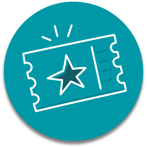 Icon of a ticket with a star on a teal circle