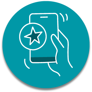 Icon of a hand holding a smartphone with a star icon on a teal circle