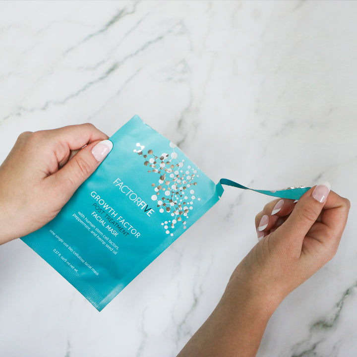 FACTORFIVE's Growth Factor Post Treatment Mask being opened in inviting home setting