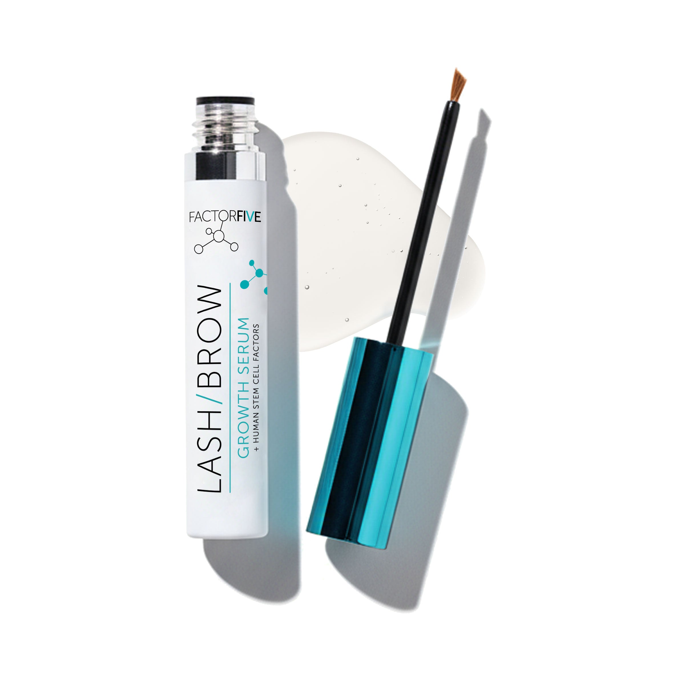 A bottle of FACTORFIVE Lash/Brow Growth Serum with the cap removed, showing the applicator brush and the clear serum inside.