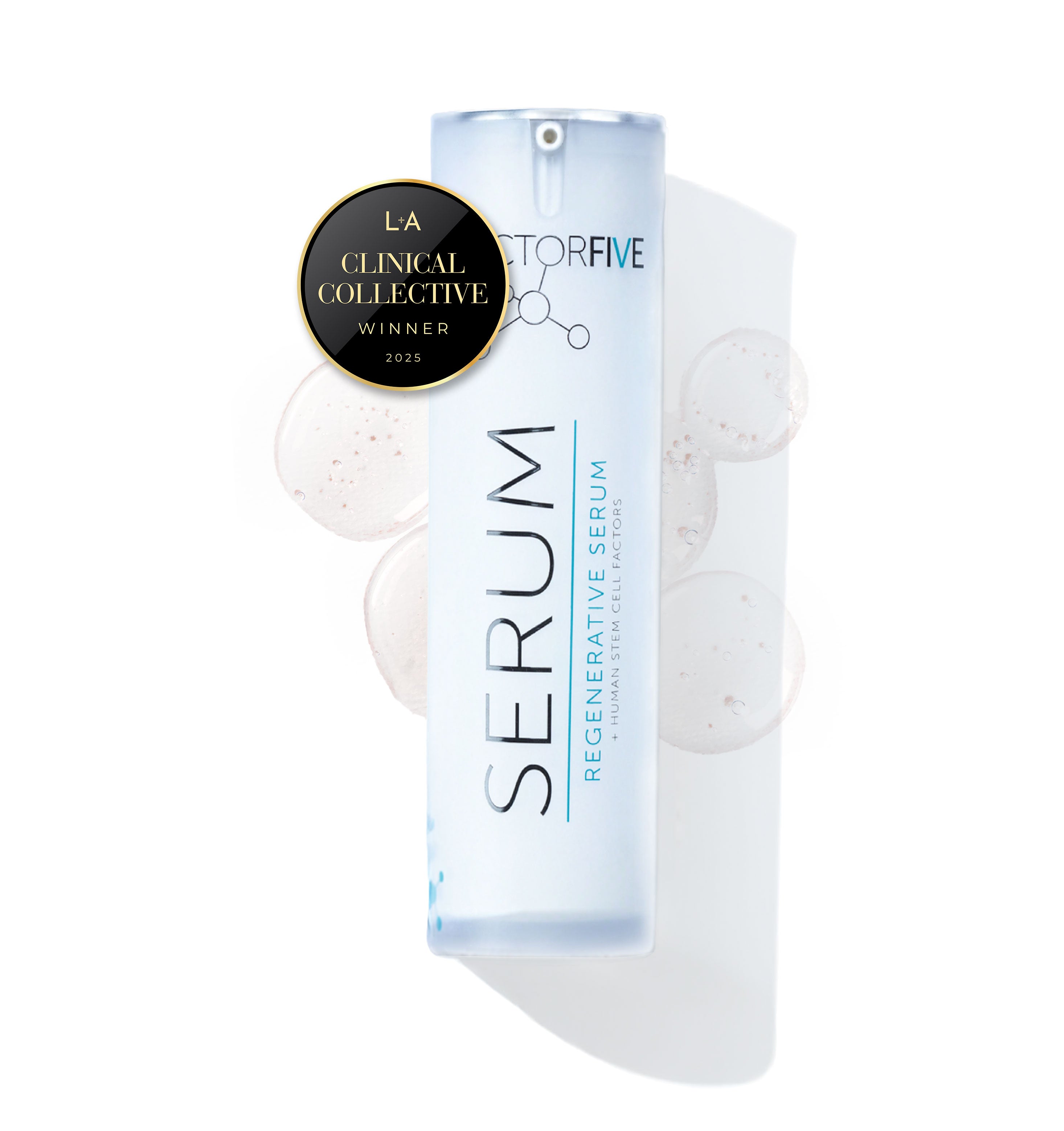 award-winning regenerative Serum bottle with 'FACTORFIVE' branding on a white background
